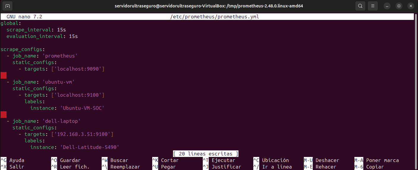 prometheus.yml con scrape_interval y tres jobs configurados